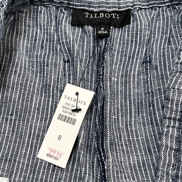 Talbots Pants Women 8 Blue Striped Linen Pull On Wide Leg Elastic Waist Nautical - Picture 7 of 10